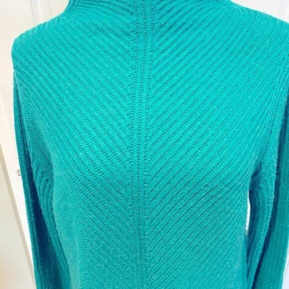 Apricot Sweater Teal Mock Neck Ribbed Funnel Cuffed Sleeves Pull over Wool Blend - Picture 2 of 6